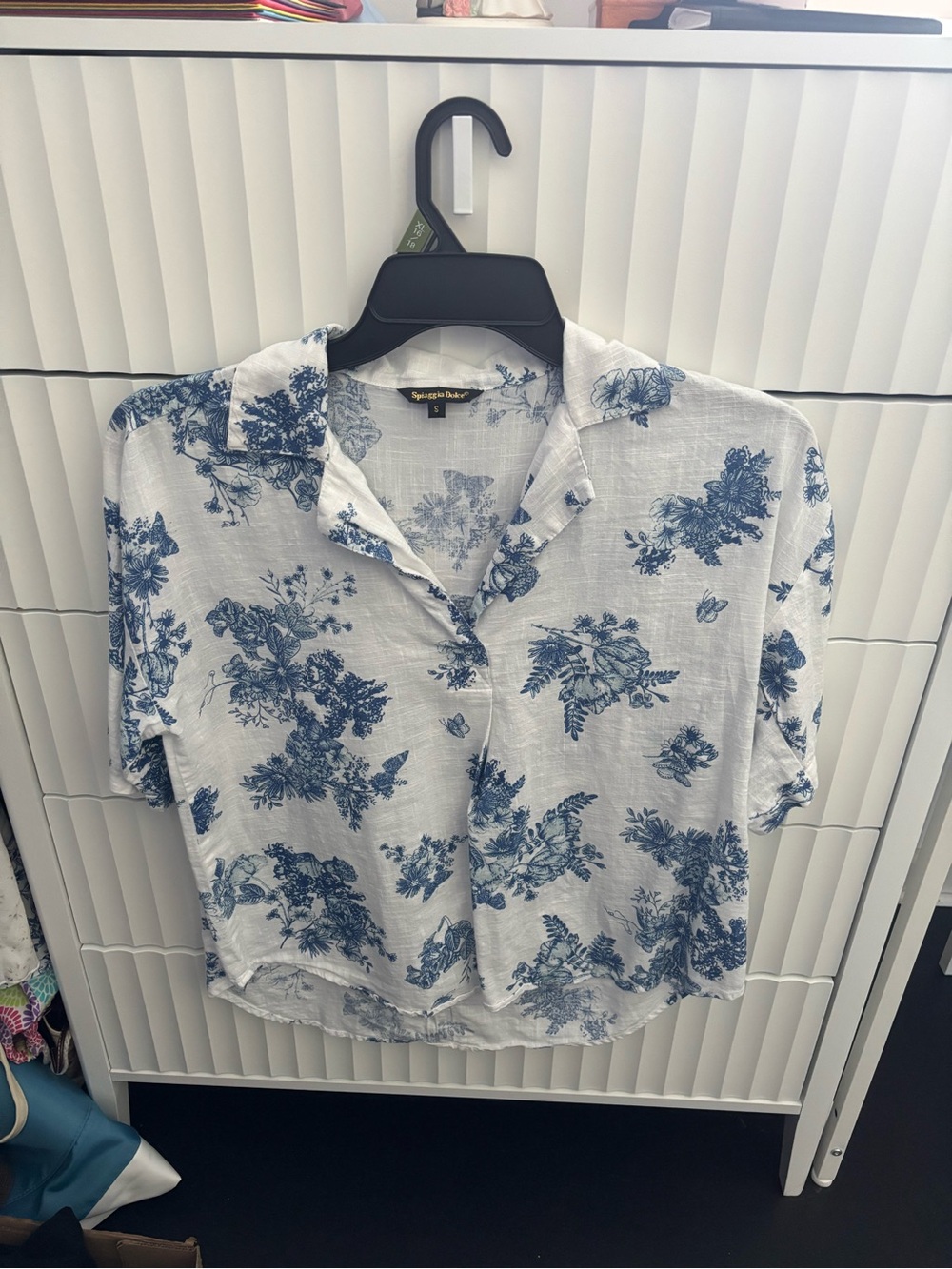 White Button-Front Shirt with Blue Floral Print